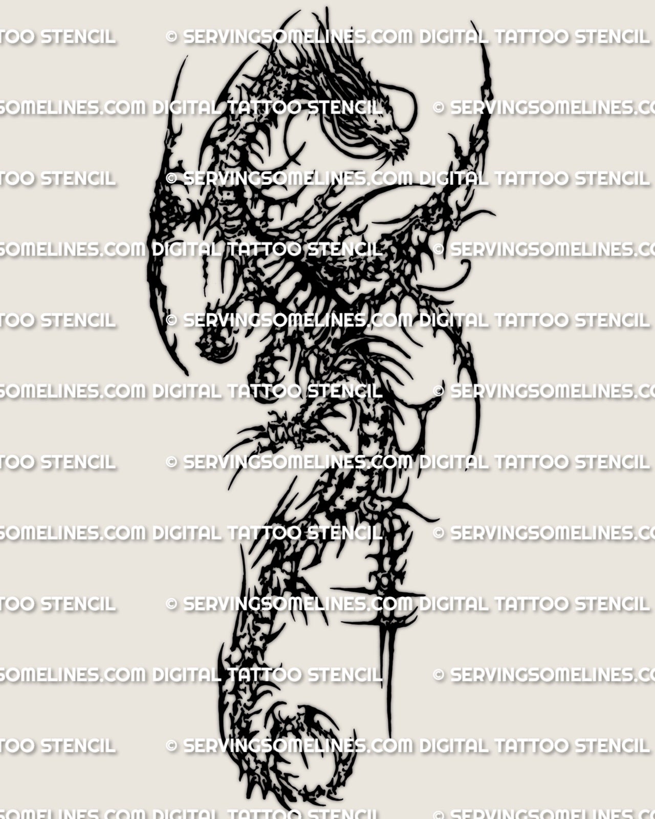 Cyber sigil dragon arm tattoo stencil download, narrow vertical dragon design for forearm sized placements