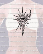 Cyber sigil eye design displayed on womens sternum placement example, centered symbolic stencil download for clean transfer.