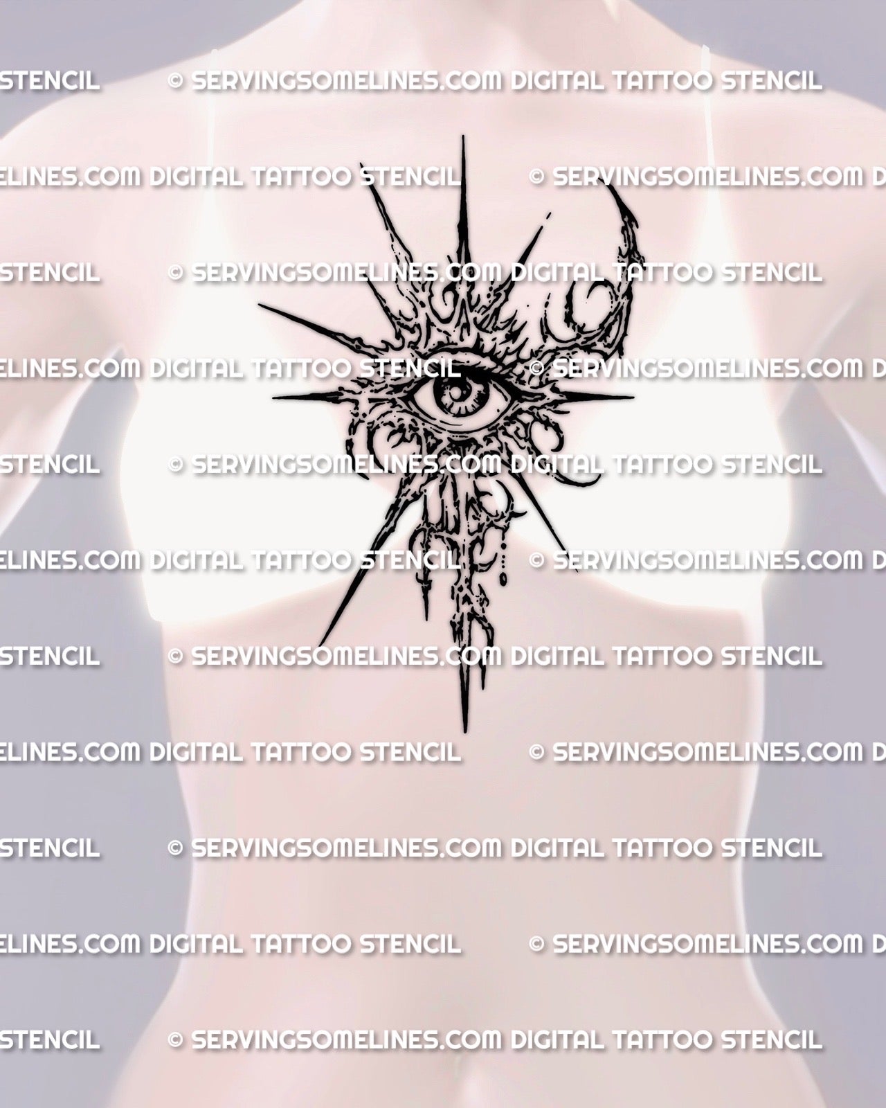 Cyber sigil eye design displayed on womens sternum placement example, centered symbolic stencil download for clean transfer.