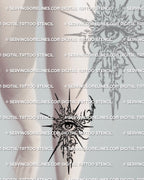 Cyber sigil eye emblem stencil shown on shin placement preview, sharp occult design with printable PNG JPG PDF files.