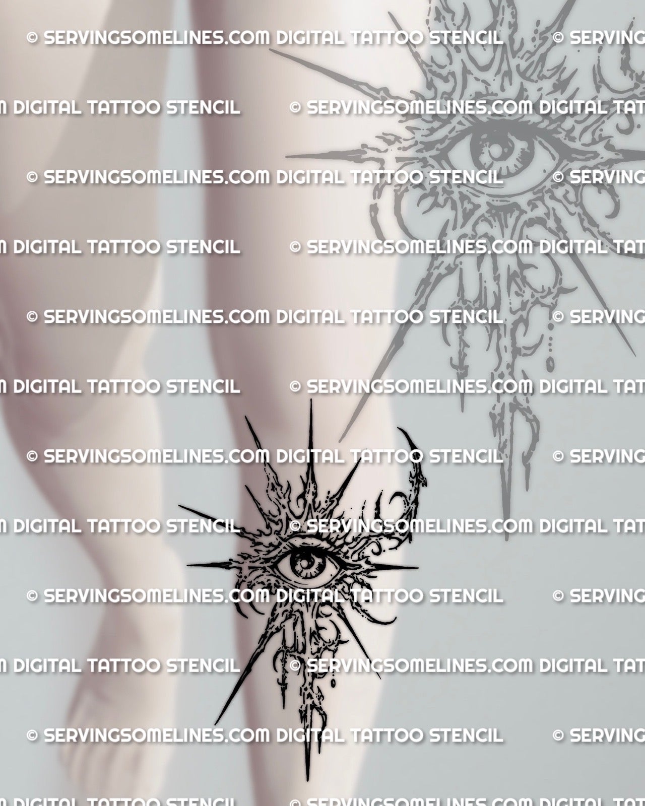 Cyber sigil eye emblem stencil shown on shin placement preview, sharp occult design with printable PNG JPG PDF files.