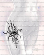 Cyber sigil eye tattoo stencil shown on feminine hip placement example, centered emblem design with printable files.