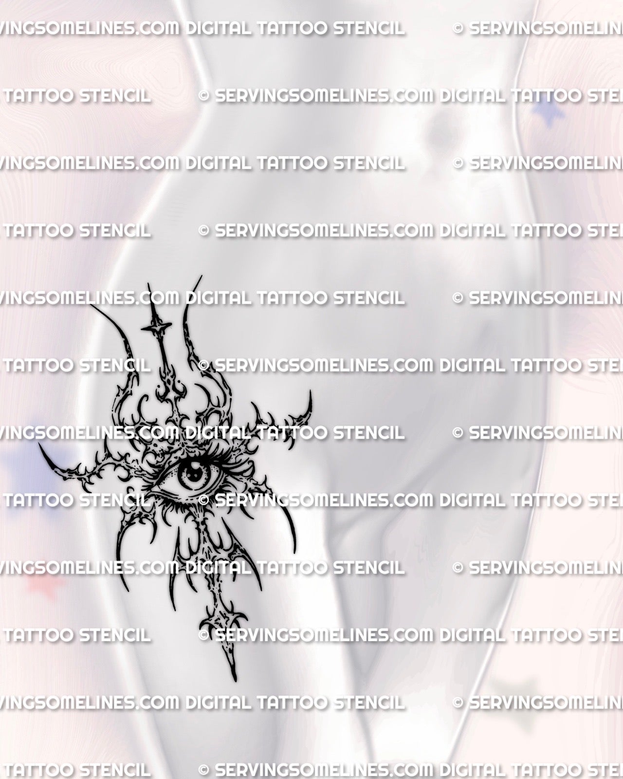 Cyber sigil eye tattoo stencil shown on feminine hip placement example, centered emblem design with printable files.