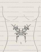Cyber sigil fairy wings tattoo stencil as sternum placement, butterfly wings tied with lace-up ribbon bow, a symbolic gothic feminine design.