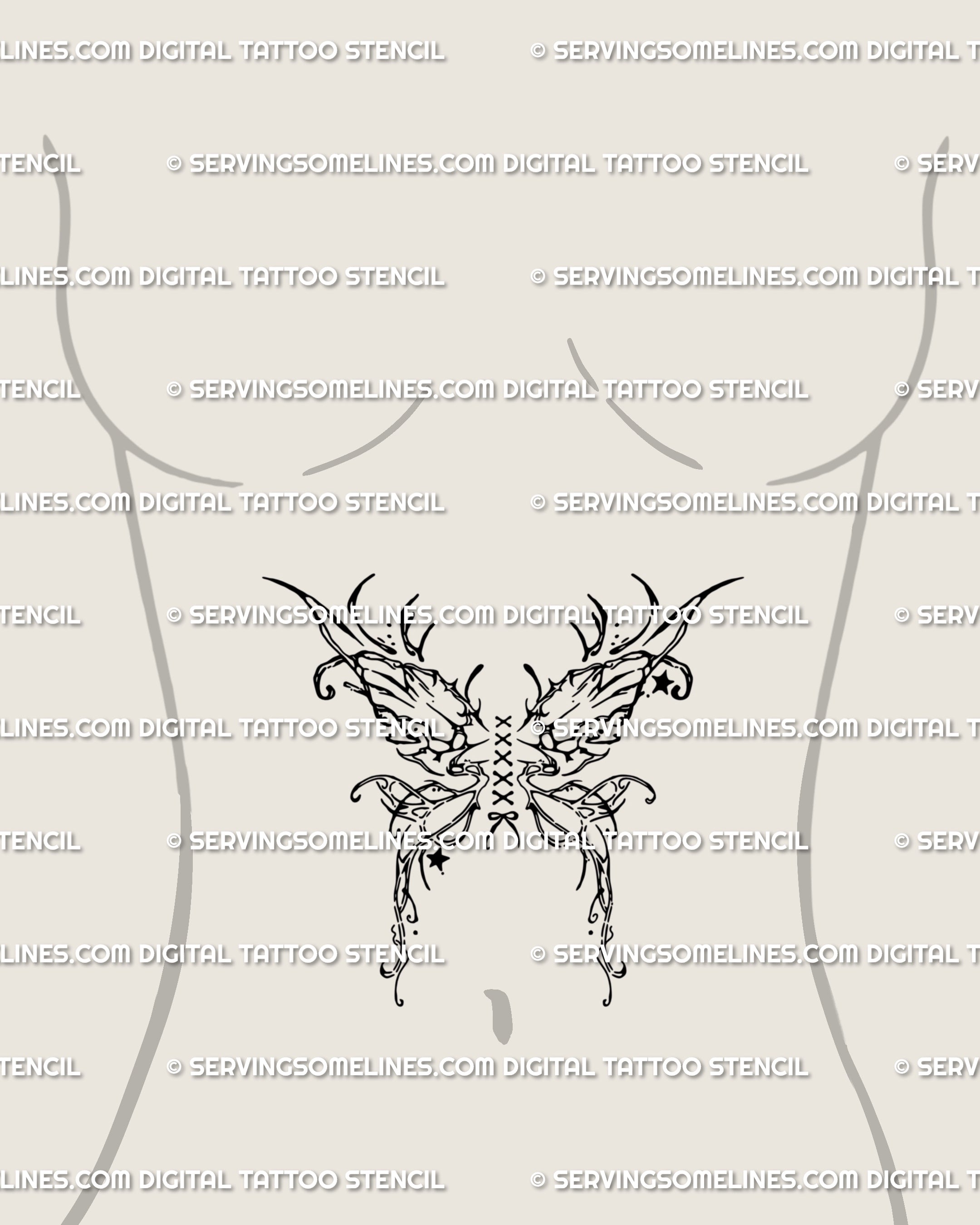 Cyber sigil fairy wings tattoo stencil as sternum placement, butterfly wings tied with lace-up ribbon bow, a symbolic gothic feminine design.