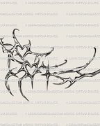 cyber sigil lineart tattoo stencil with twin heart shapes and spiked curves, drawn as a feminine back thigh frame for digital download use