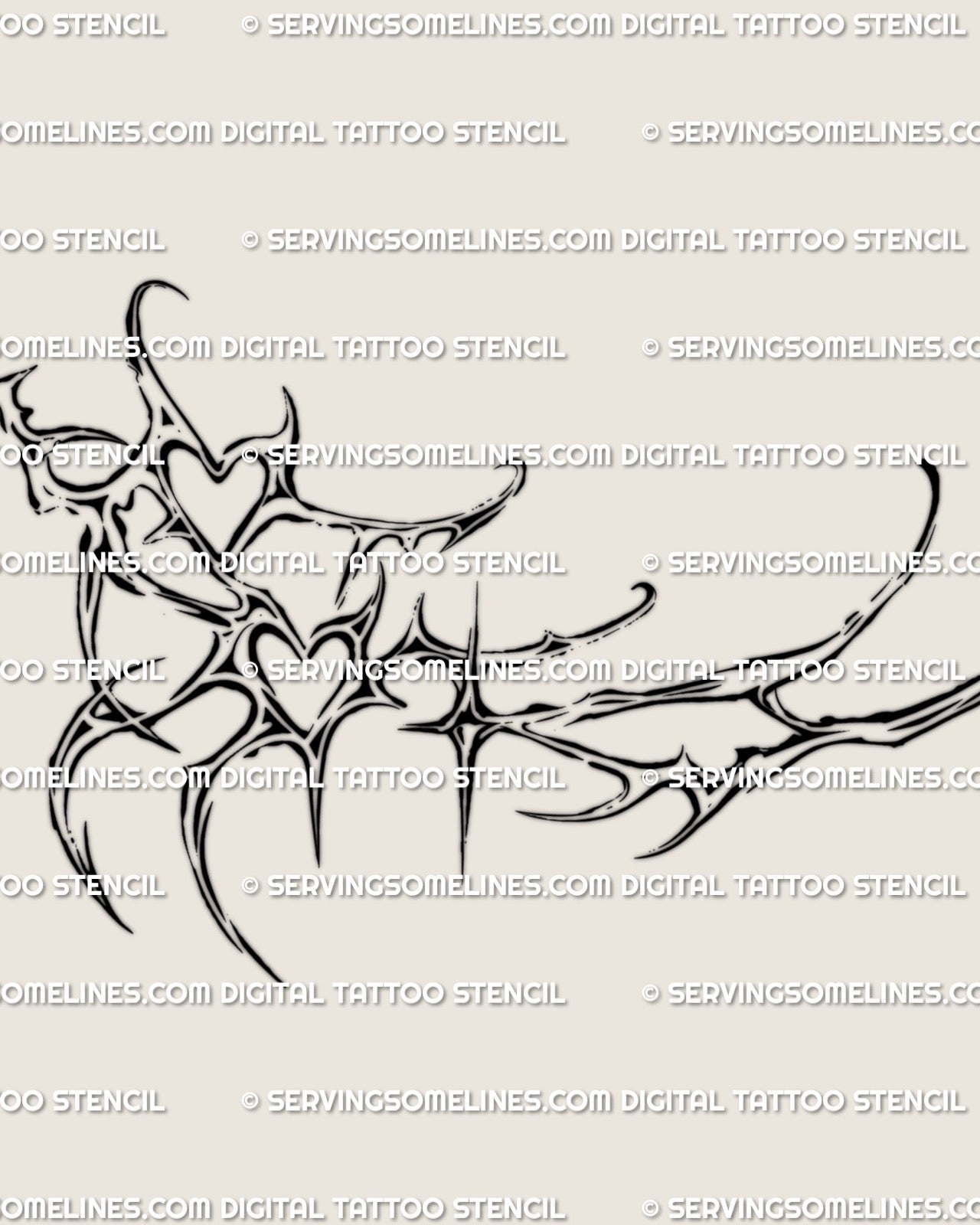 cyber sigil lineart tattoo stencil with twin heart shapes and spiked curves, drawn as a feminine back thigh frame for digital download use