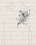 Cyber sigil flower tattoo shown on side chest preview, vertical flower stencil design prepared for printing.