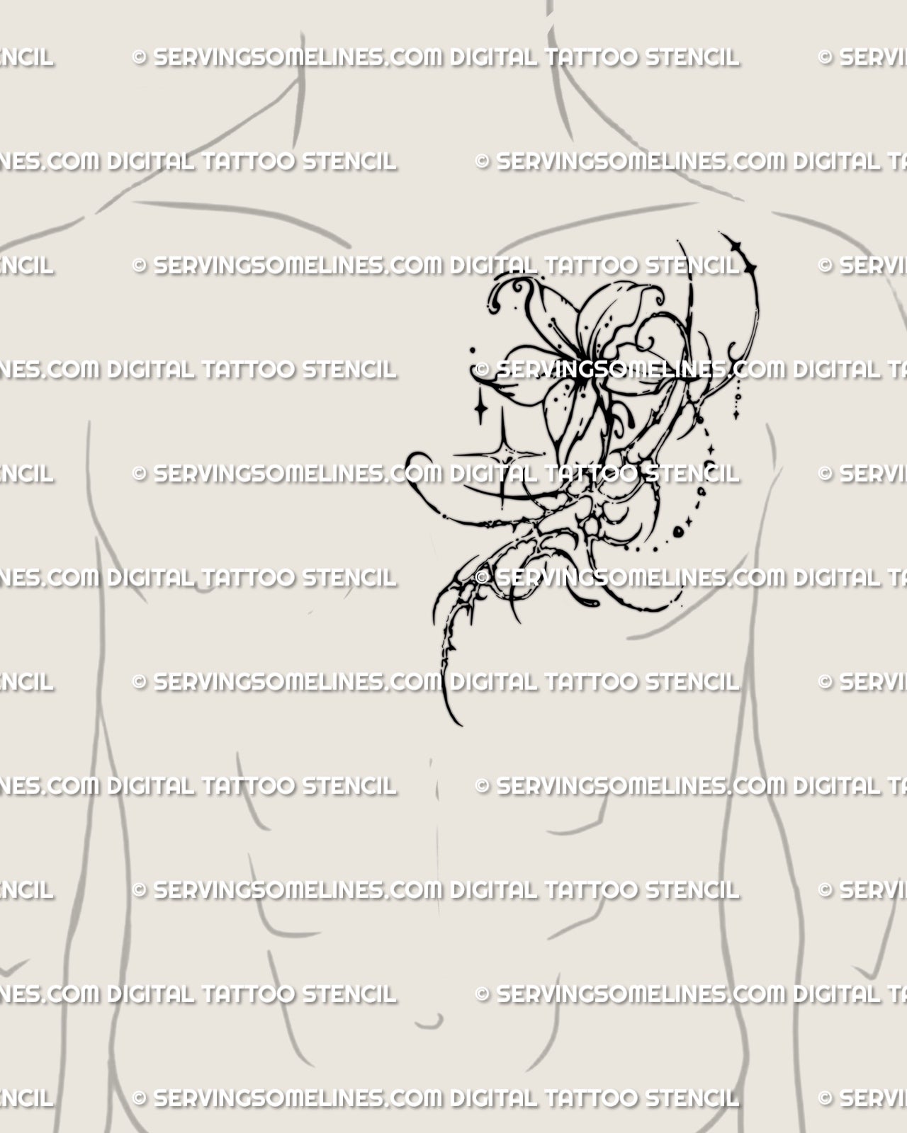Cyber sigil flower tattoo shown on side chest preview, vertical flower stencil design prepared for printing.