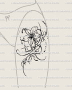 Cyber sigil flower tattoo shown on thigh placement preview, vertical floral stencil download for tattoo transfer.