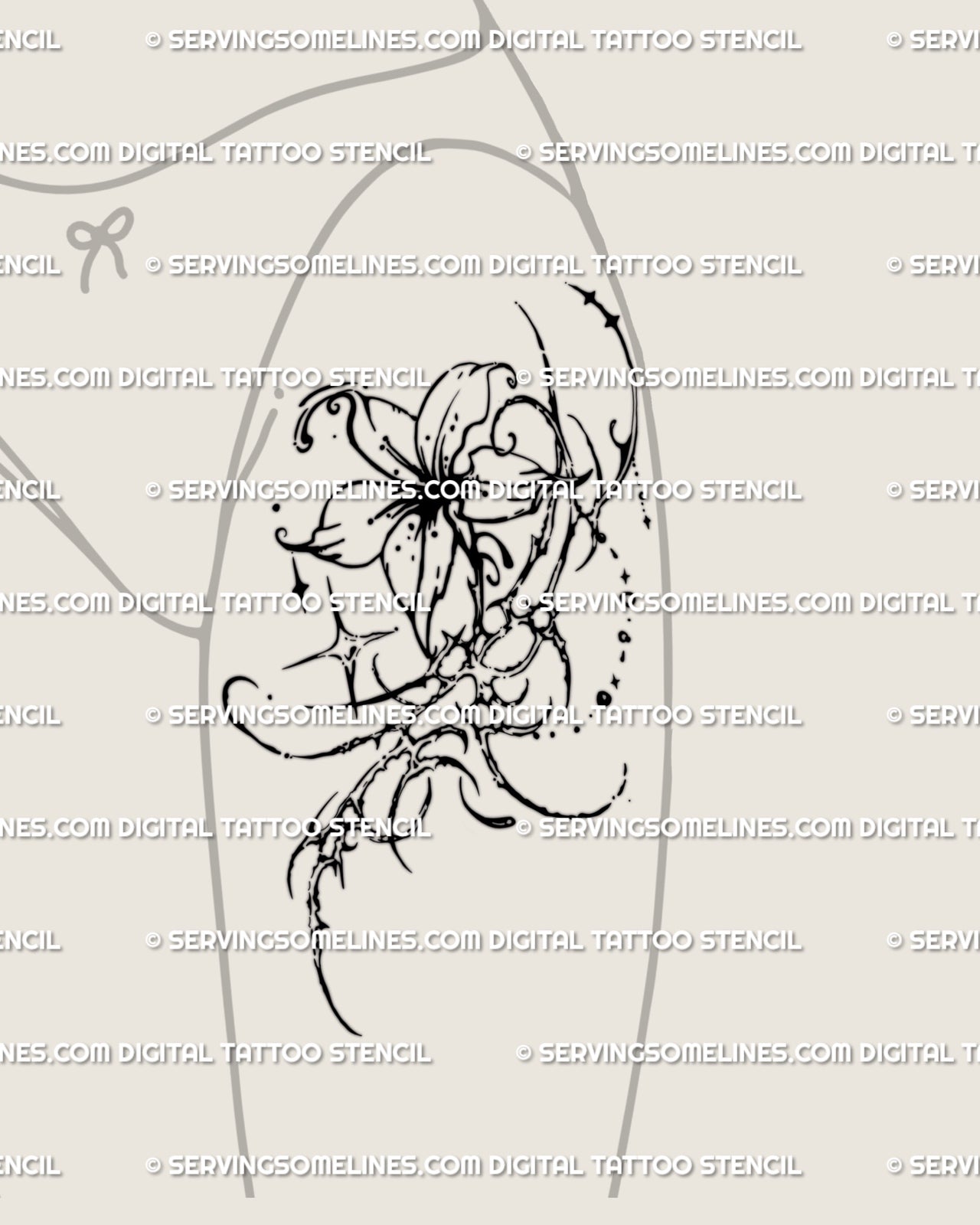 Cyber sigil flower tattoo shown on thigh placement preview, vertical floral stencil download for tattoo transfer.