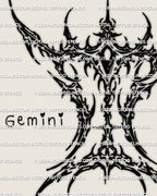 Close-up detail of cyber sigil Gemini tattoo stencil lines, crisp glyph edges for printable stencil download