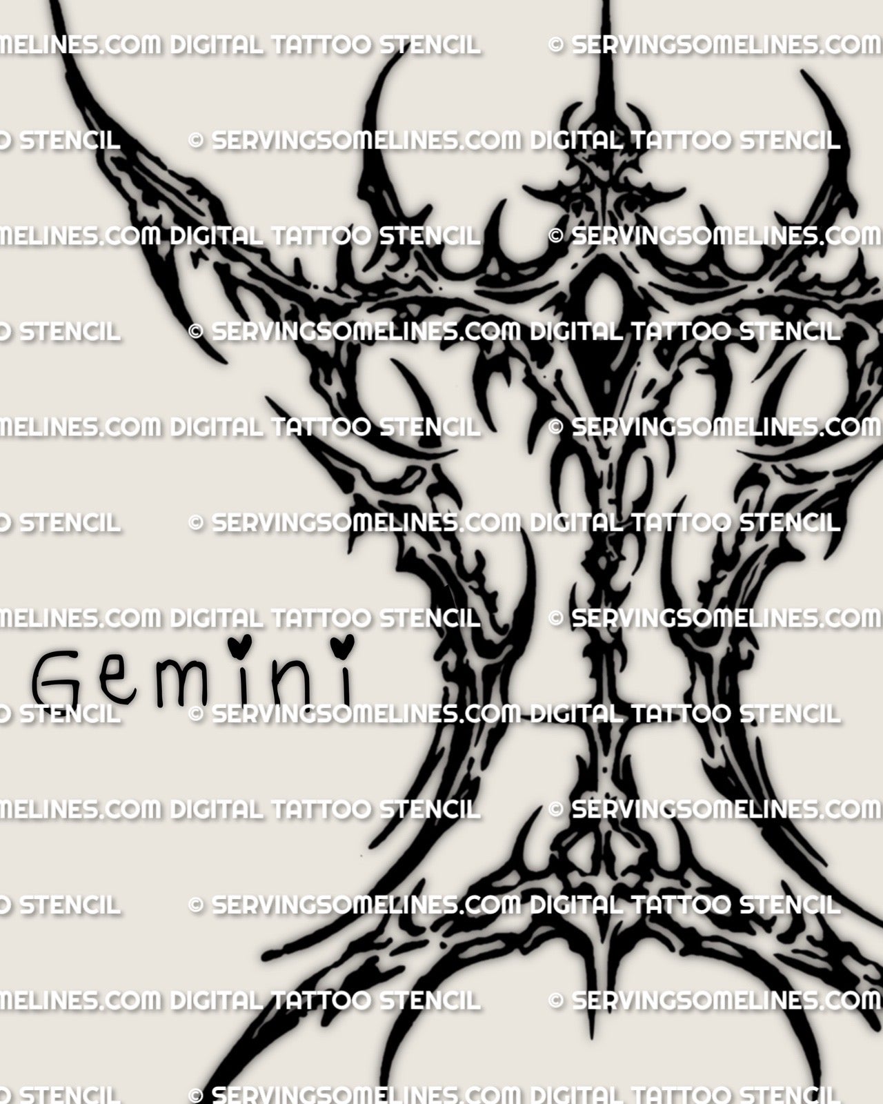 Close-up detail of cyber sigil Gemini tattoo stencil lines, crisp glyph edges for printable stencil download