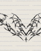 close view of the cyber sigil heart tattoo showing batwing curves, airy tribal strokes, and soft symmetrical lineart detailing
