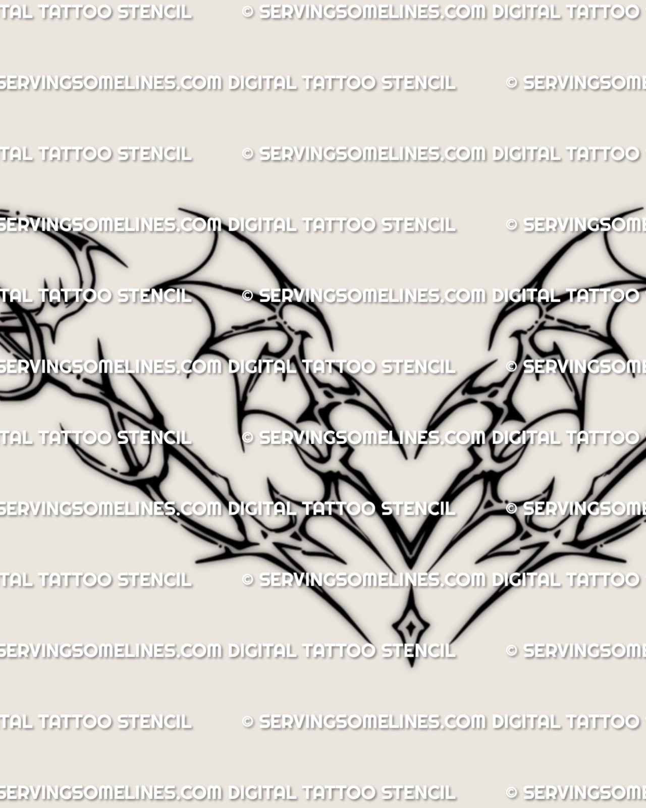 close view of the cyber sigil heart tattoo showing batwing curves, airy tribal strokes, and soft symmetrical lineart detailing
