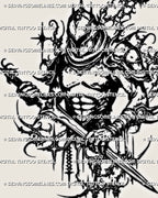 Close up of cybersigilism knight tattoo stencil linework, sword knight portrait detail for stencil transfer, printable download