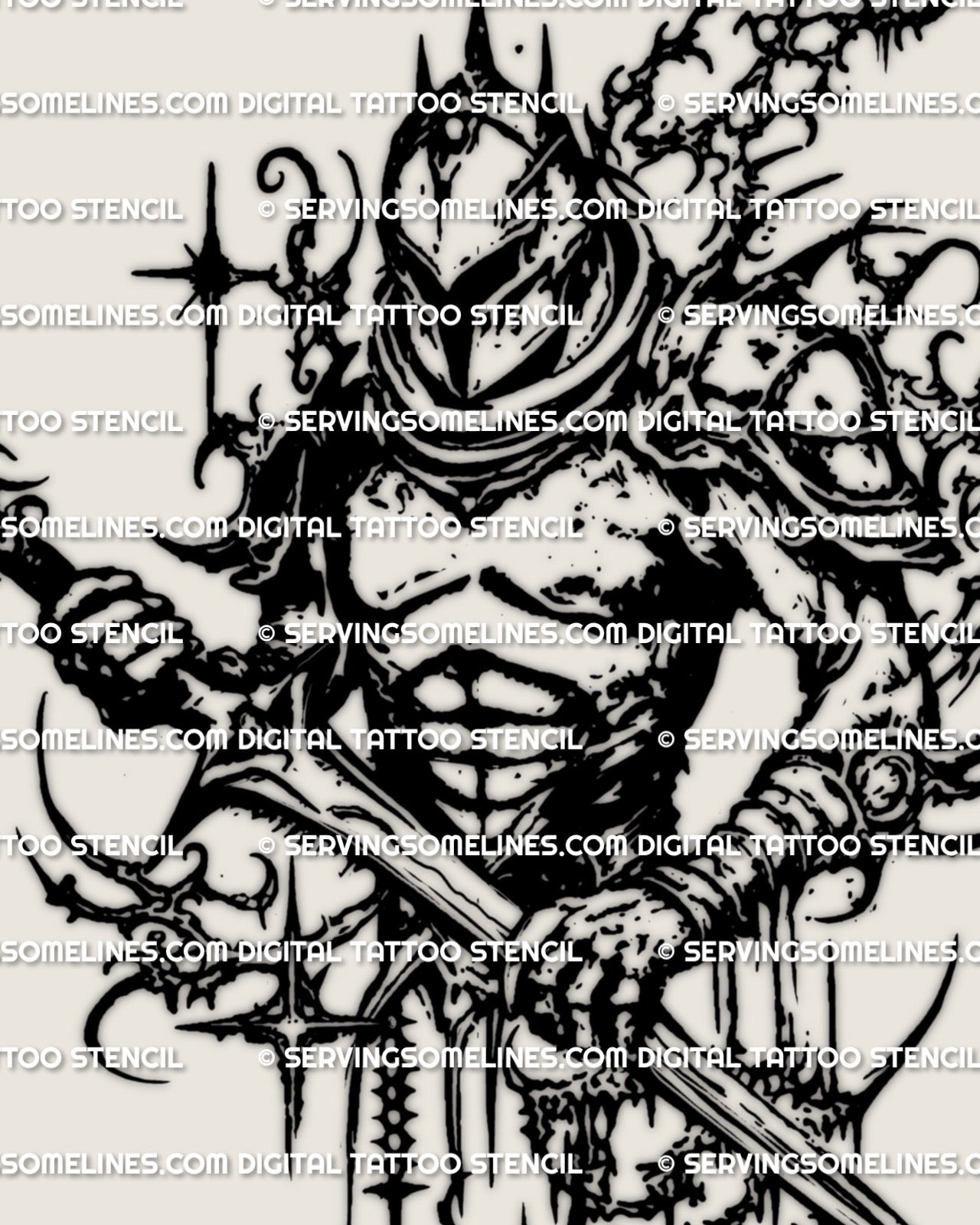 Close up of cybersigilism knight tattoo stencil linework, sword knight portrait detail for stencil transfer, printable download