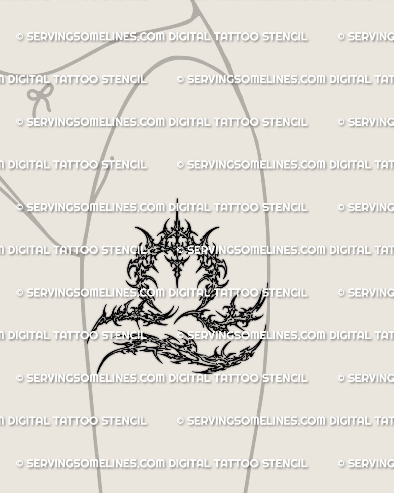 Cyber sigil Libra zodiac tattoo stencil download displayed on women’s thigh placement, Libra glyph symbol, clean outline.