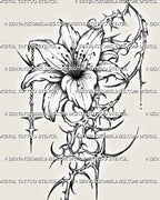 Cyber sigil lily flower tattoo template download, vertical ornamental flower design with printable stencil files.
