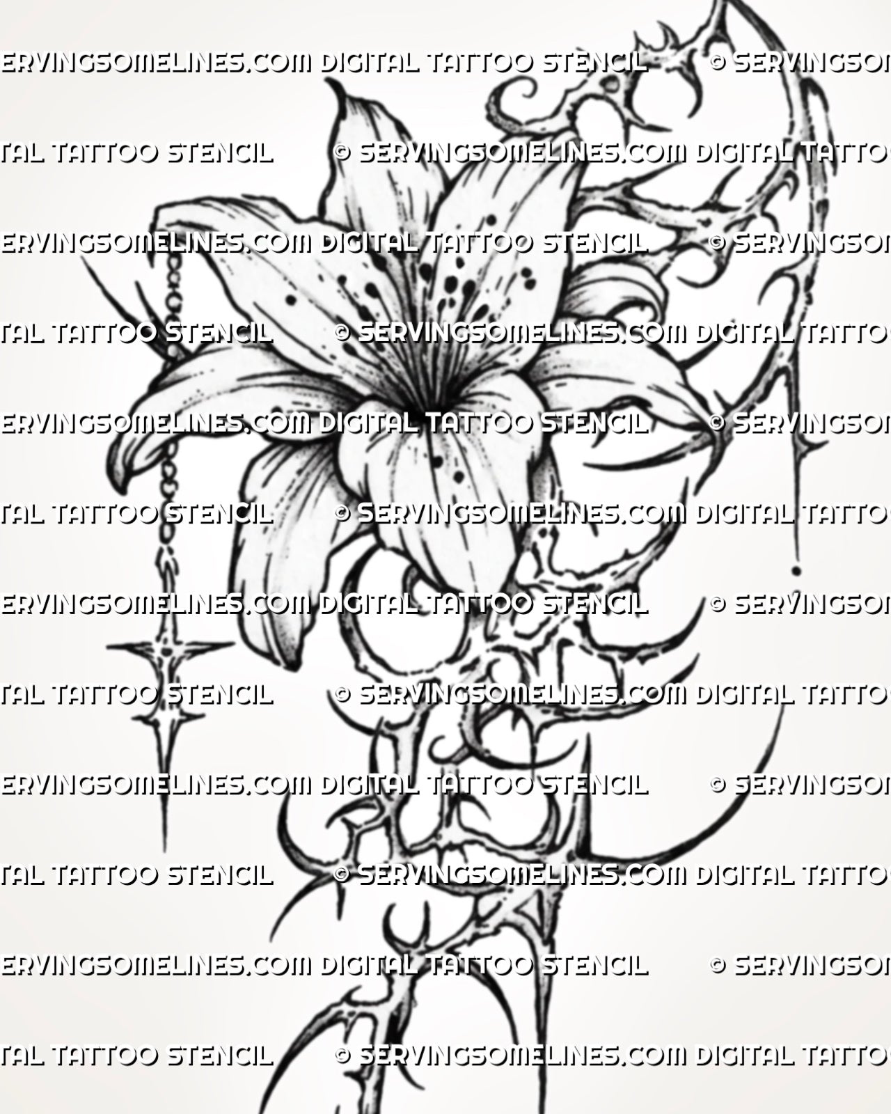 Cyber sigil lily flower tattoo template download, vertical ornamental flower design with printable stencil files.