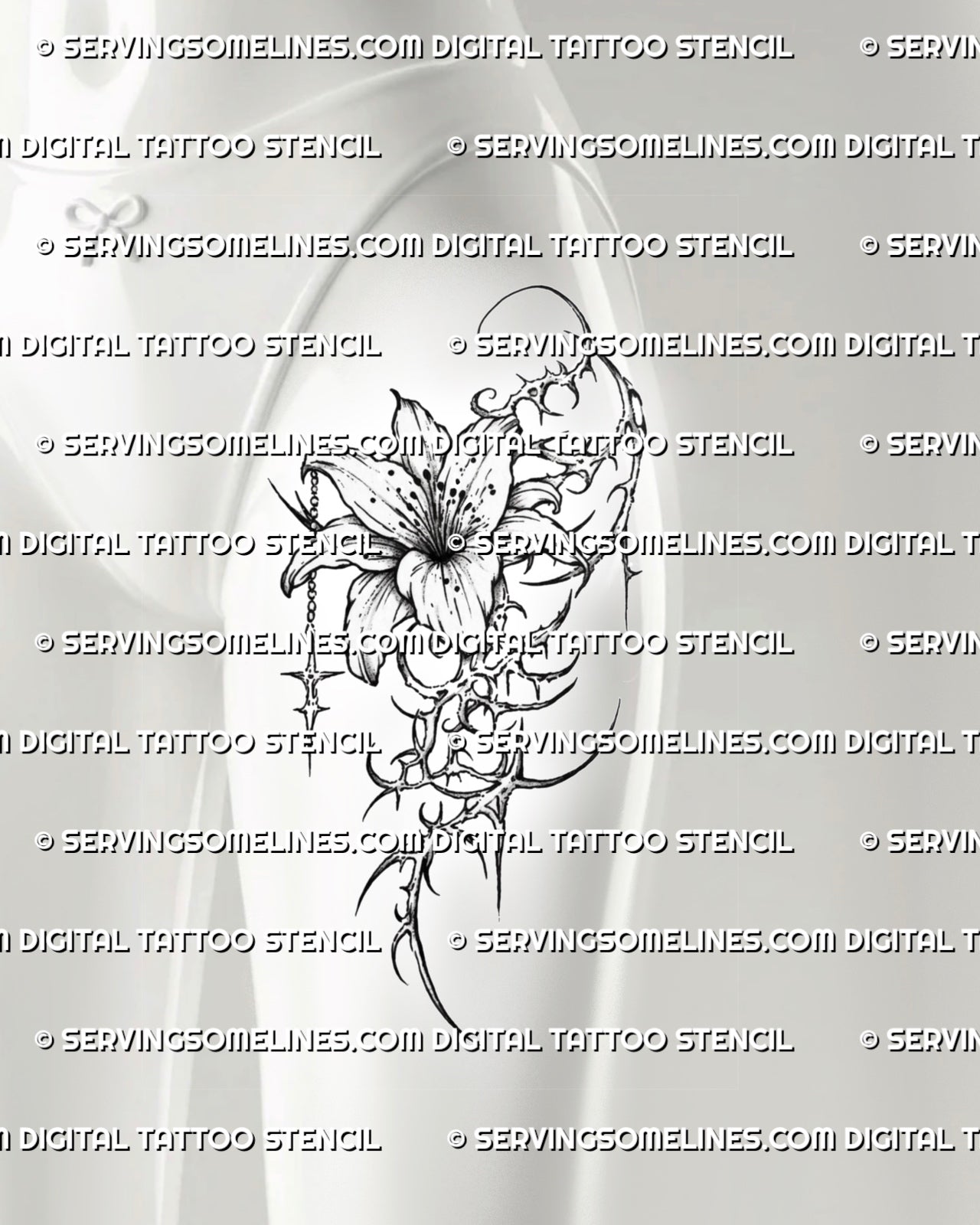 Cybersigilism lily tattoo stencil shown on thigh placement with sharp cyber sigil framing and readable flower detail 