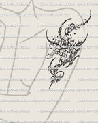 Cyber sigil lotus tattoo shown on womens arm placement example, vertical flower stencil design ready for transfer.