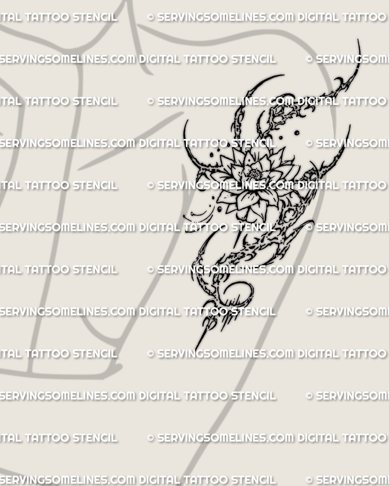 Cyber sigil lotus tattoo shown on womens arm placement example, vertical flower stencil design ready for transfer.
