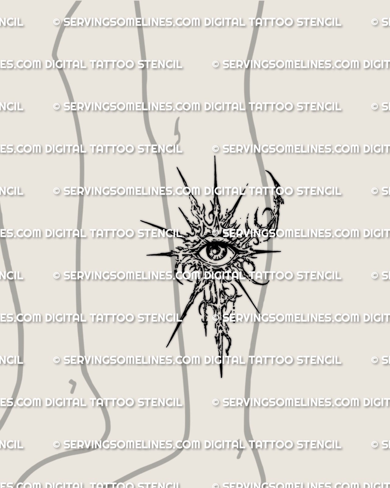 Cyber sigil occult eye stencil shown on lower leg placement preview, digital tattoo design with printable download files.
