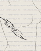 cybersigilism rib tattoo on one side of a woman’s ribs with delicate vertical lines and neotribal flow along the torso