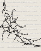 close up of cyber sigil ornamental tattoo design with flowing spikes and heart motifs drawn as clean black linework for rib area use