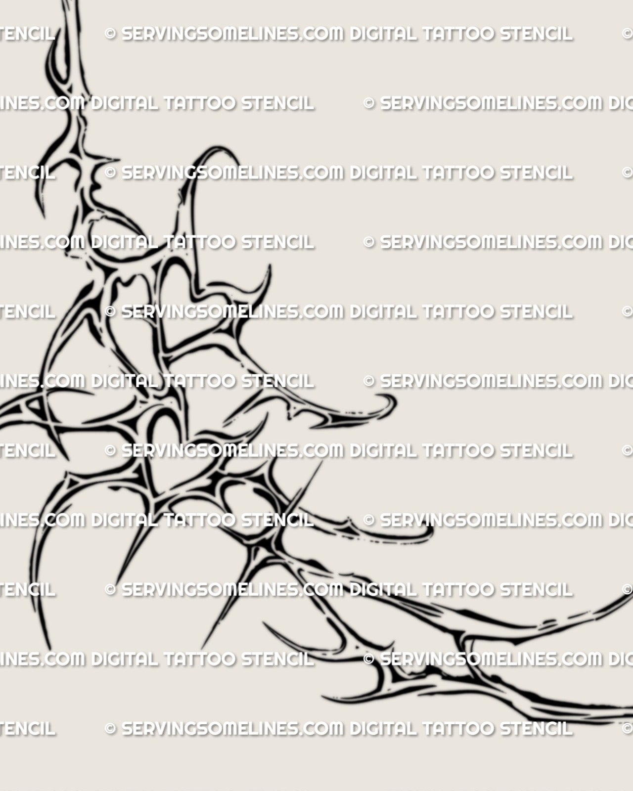 close up of cyber sigil ornamental tattoo design with flowing spikes and heart motifs drawn as clean black linework for rib area use