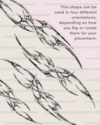 cybersigil rib tattoo stencil with abstract neotribal curves built for vertical rib placement or mirrored symmetrical layout