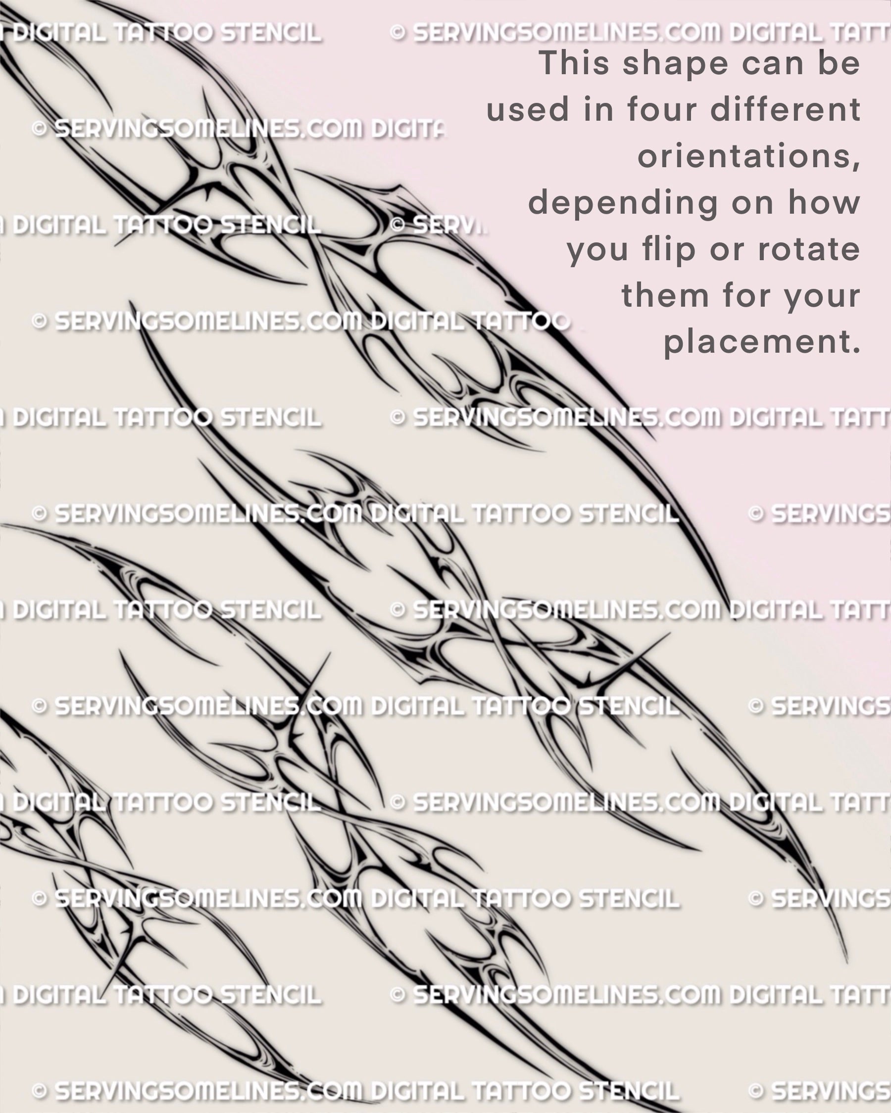 cybersigil rib tattoo stencil with abstract neotribal curves built for vertical rib placement or mirrored symmetrical layout