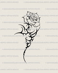 Neotribal rose tattoo stencil with cyber sigil thorn stem and gothic floral detail, digital download for alternative tattoo design.