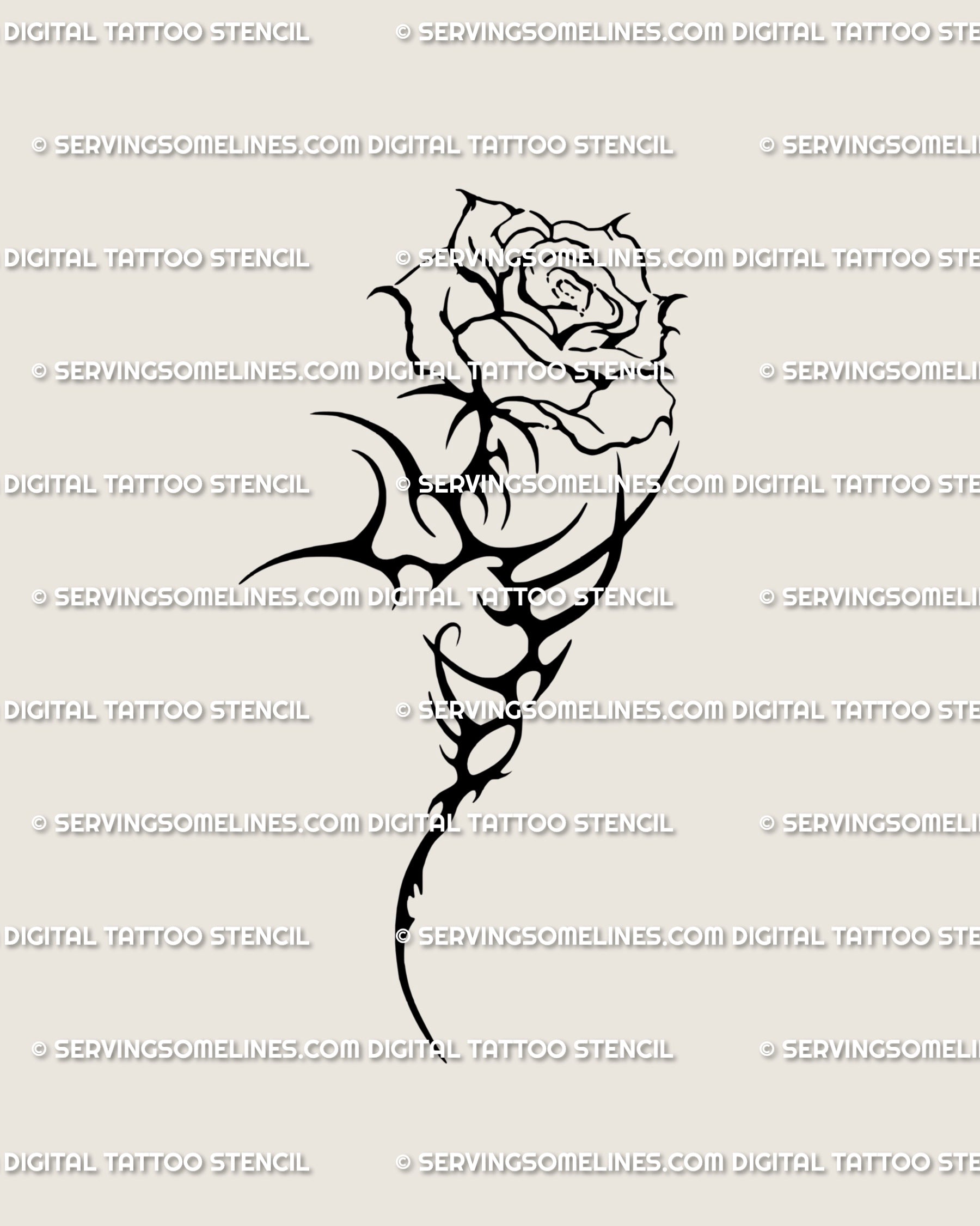 Cyber sigil rose tattoo stencil with neotribal thorn stem and gothic floral detail, digital download for alternative rose tattoo design.