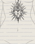 Cyber sigil sacred heart tattoo stencil displayed on women’s stomach placement preview, instant download