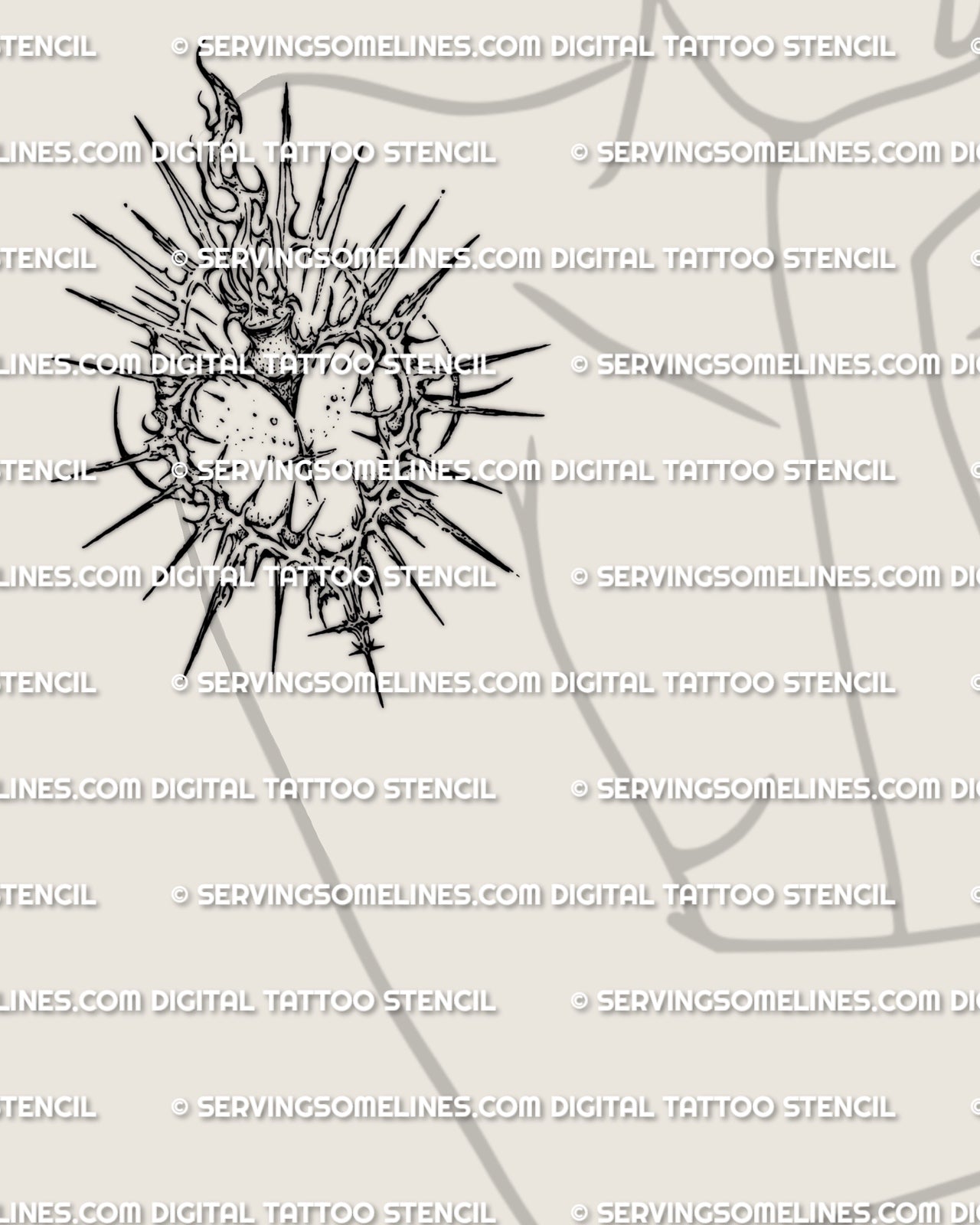 Cyber sigil sacred heart tattoo stencil shown on women’s upper arm placement preview, instant files