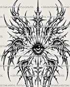 Cyber sigil seraphim eye tattoo stencil design with all-seeing eye center, wing eyes, and dark angel linework
