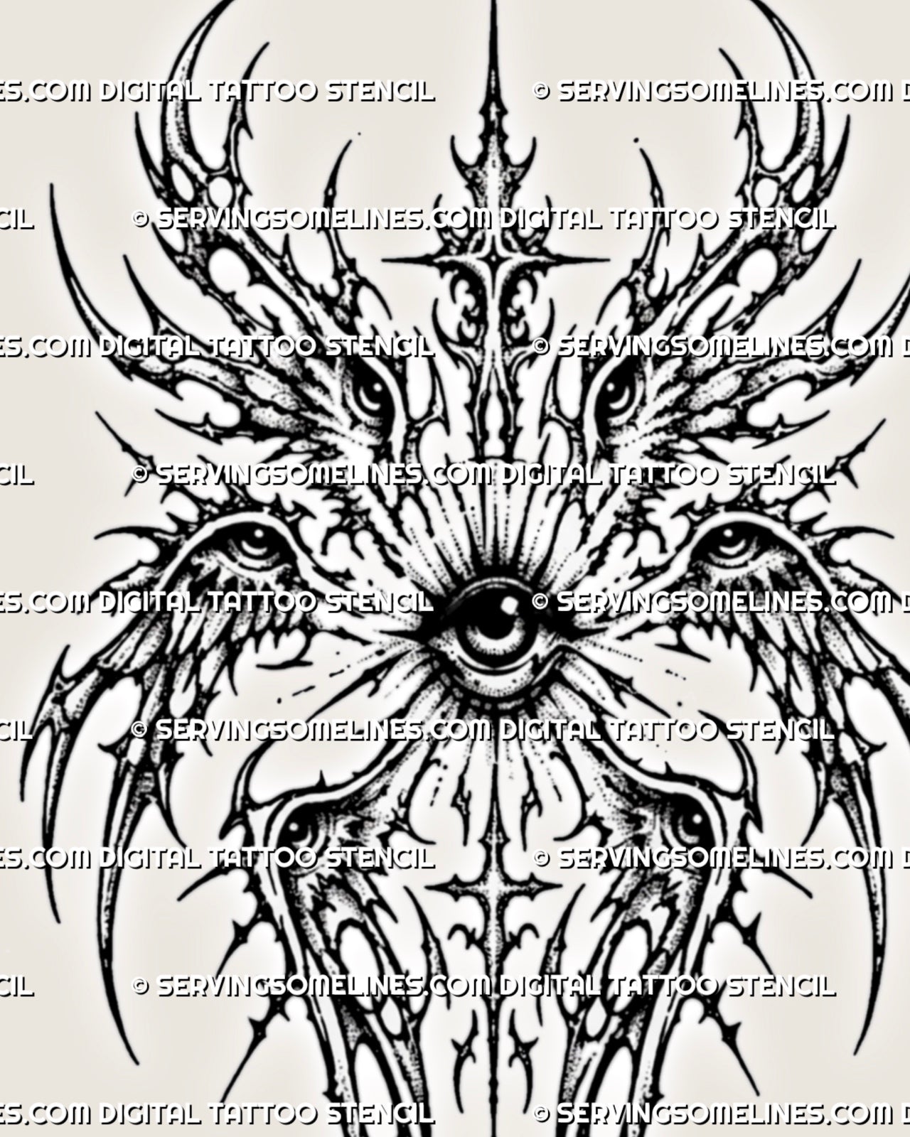 Cyber sigil seraphim eye tattoo stencil design with all-seeing eye center, wing eyes, and dark angel linework