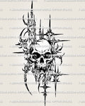 Skull tattoo stencil download in cybersigilism style, sharp frame cuts and drips, high resolution printable stencil files included.