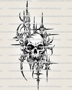 Skull tattoo stencil download in cybersigilism style, sharp frame cuts and drips, high resolution printable stencil files included.