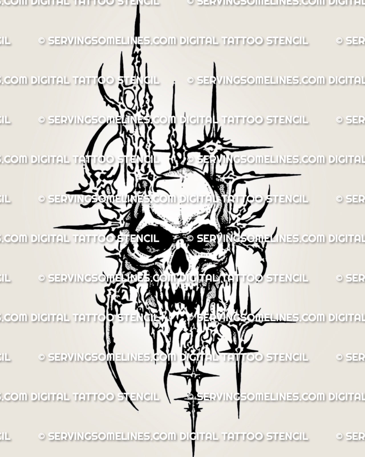 Skull tattoo stencil download in cybersigilism style, sharp frame cuts and drips, high resolution printable stencil files included.