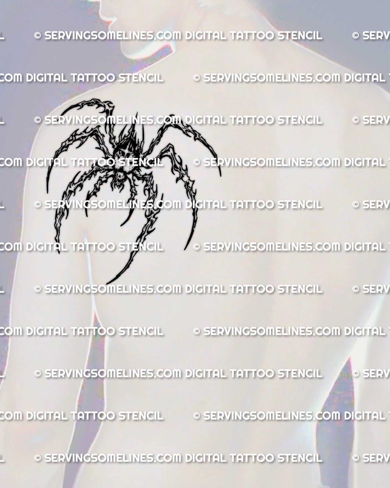 Cyber sigil spider tattoo stencil shown on mens shoulder blade placement example, bold arachnid silhouette, printable files