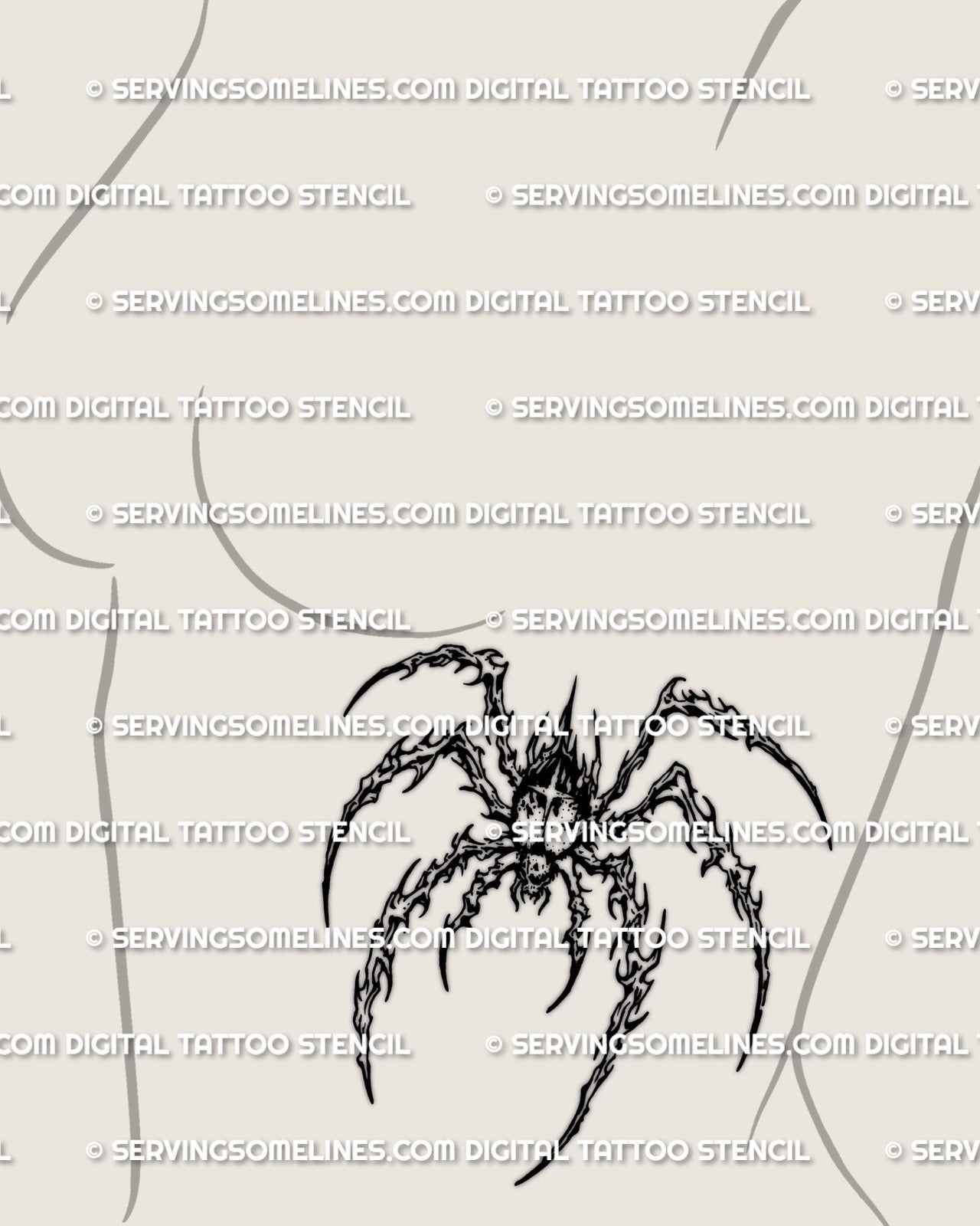 Cybersigilism spider stencil displayed on side breast placement example, edgy arachnid tattoo design, printable download
