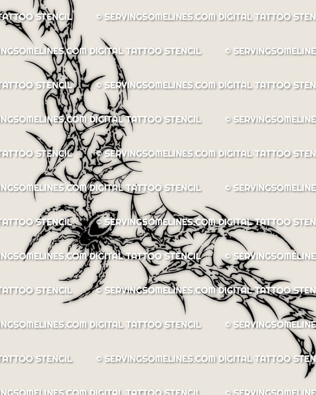 Cyber sigil spider tattoo close detail, lower back tattoo stencil download with sharp linework and clean printable files.