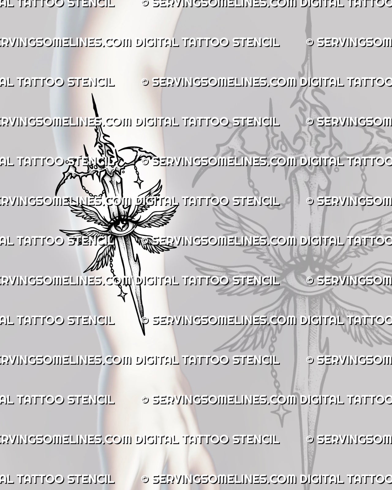 Cyber sigil sword tattoo stencil shown on forearm placement with winged eye detail and vertical gothic blade
