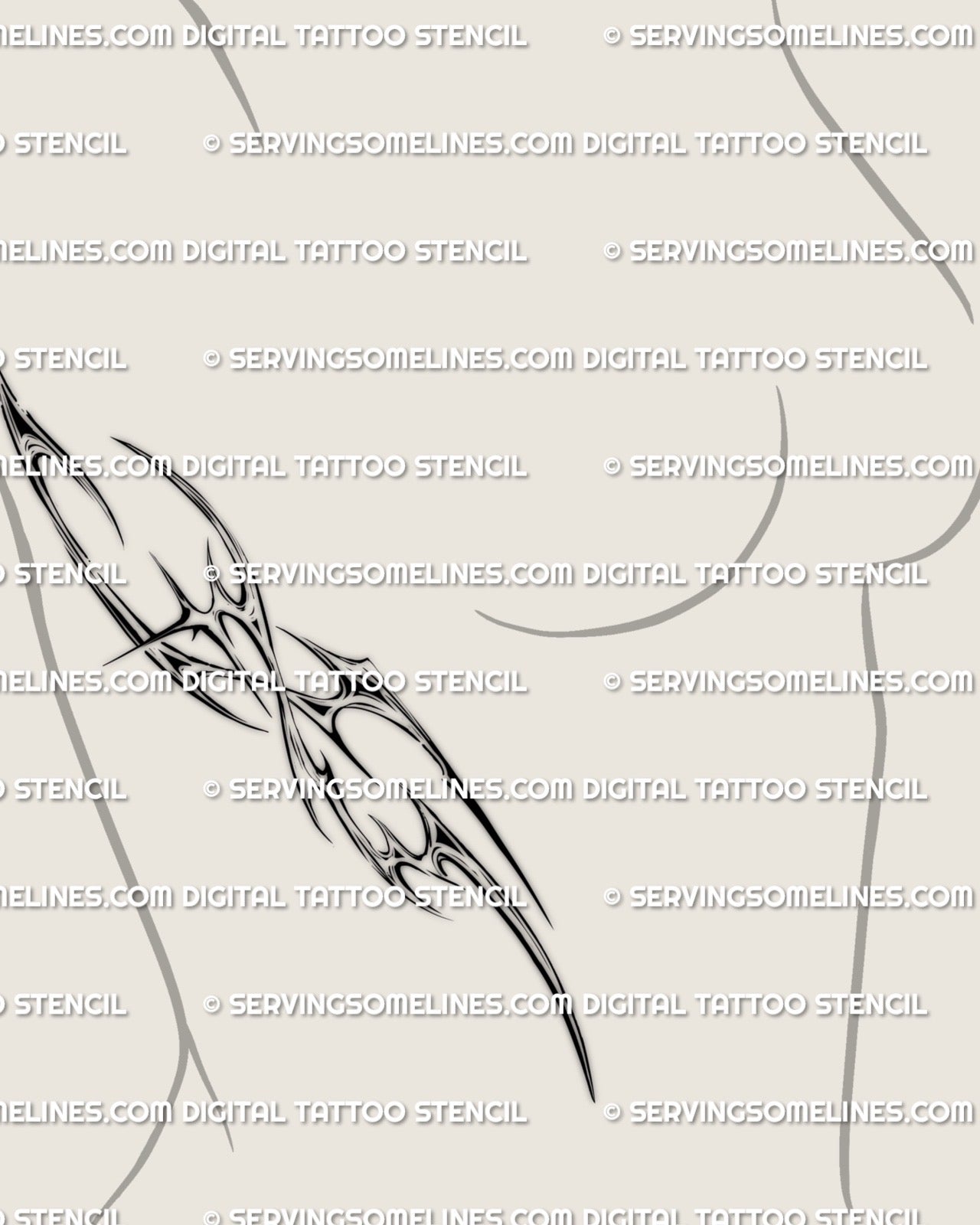 cyber sigil rib tattoo stencil on a woman showing symmetrical side rib placement with neotribal shapes contouring the waist curve