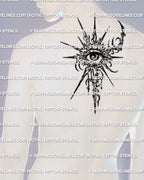 Cyber sigil third eye stencil displayed on mens upper back center placement example, high-resolution symbolic eye design.