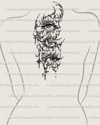 Cyber sigil three eyes stencil displayed on spine upper back placement preview, stacked eye design with printable files.