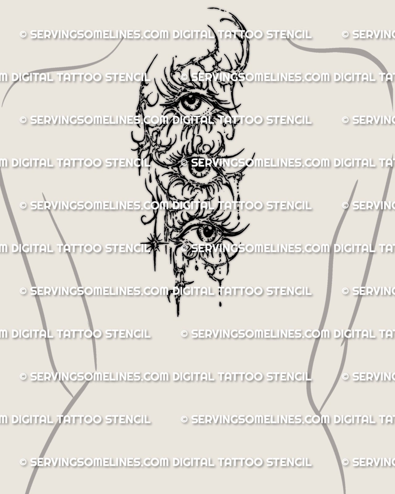 Cyber sigil three eyes stencil displayed on spine upper back placement preview, stacked eye design with printable files.